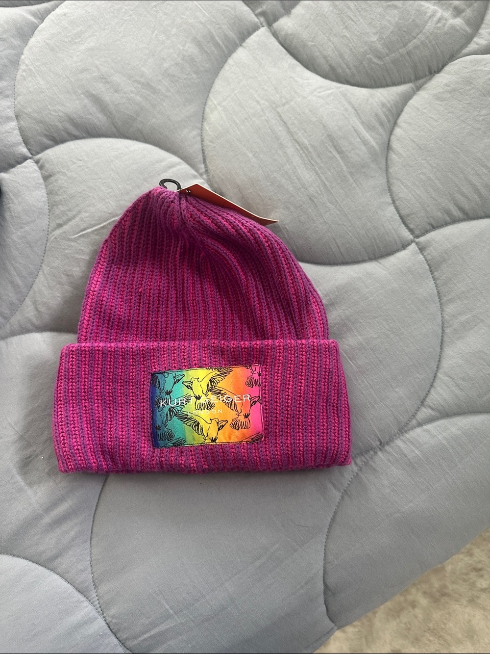 Kurt Geiger Fuchsia Knit Beanie with Rainbow Bird Patch